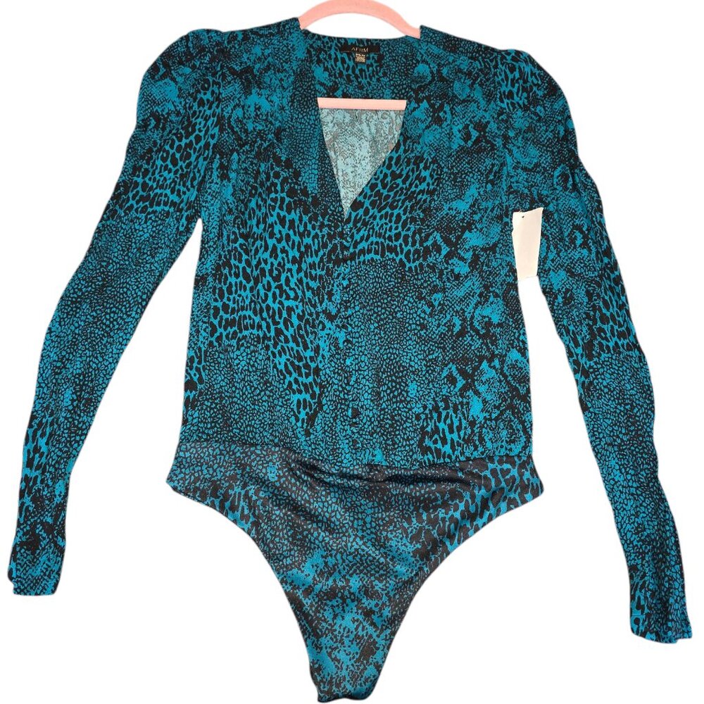 NEW AFRM V Neck Button Down Teal Blue python snake Print Bodysuit